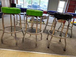 lot 19842 image: (3) Kawasaki Branded Bar Stools - Chrome Base with Logo Seats