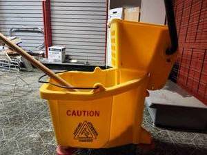lot 19864 image: Commercial Mop Bucket with Wringer - Yellow Caution Bucket