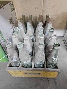 lot 21865 image: Coca-Cola and Sprite Glass Bottles with Yellow Wood Carrier