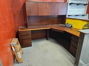 lot 21871 image: L-Shaped Office Desk with Hutch and File Drawers - Retail $299