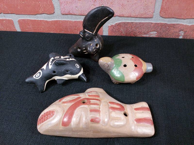 lot 196 image: Handmade Clay Whistle Folk Art Primitive Pottery Ceramic Fish - Dolphin - Bird - Turtle