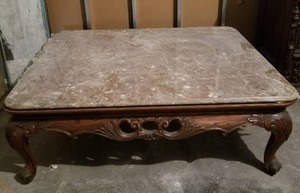 lot 12250 image: Gorgeous Solid Carved Wood Large Coffee Table wSuper Heavy Marble Top
