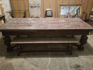 lot 12254 image: Massive Antique English Oak Carved Draw Leaf Dining Refectory Table wbenches