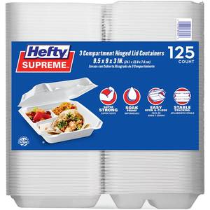 lot 12522 image: Hefty Supreme Foam Hinged Lid Container, 3-Compartment