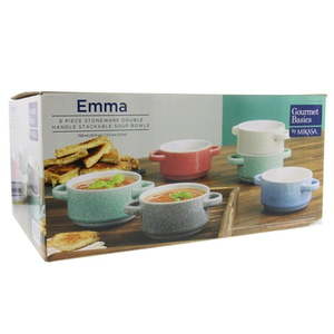 lot 12530 image: Gourmet Basics Emma by Mikasa - Double Handle Stackable Bowls w Durable Stoneware & Speckled Glaze Finish��Microwave & Dishwasher Safe��Great for Soups, Chili, Stews, Side Dishes, 26oz, Set of 6