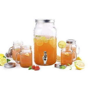 lot 12559 image: Mason 1 Gallon Beverage Dispenser With 4 Mason Jar Mugs Tea Lemonade