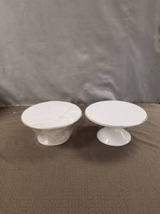lot 12566 image: (2) White Ceramic Cake Stand With Gold Foil Trim