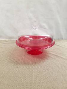 lot 12588 image: Red Pedestal Cake Stand with Clear Dome Cover