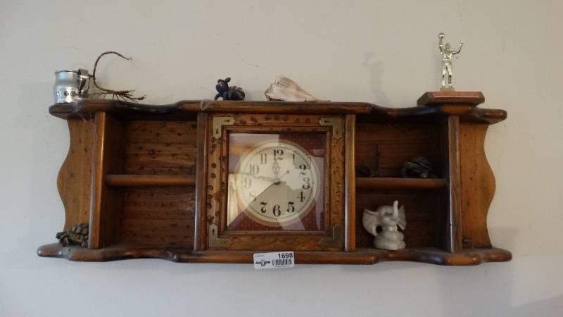 lot 1698 image: Clock shelf with knick knacks.