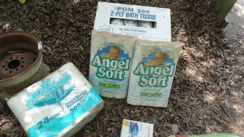 lot 1839 image: Large Lot of new toilet paper, hand soap and paper towels.