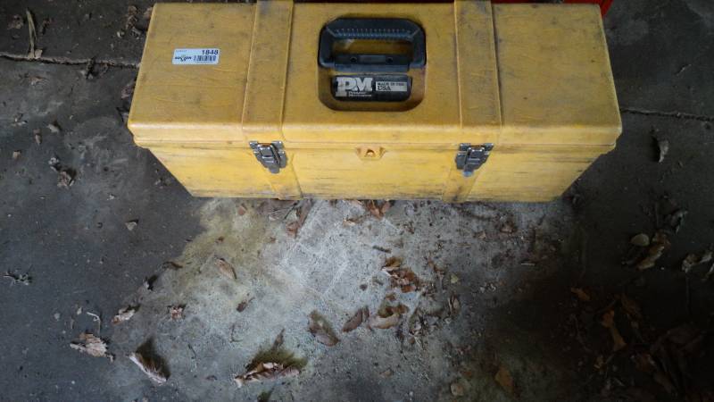 lot 1848 image: PM tool box, full of assorted hand tools, screw drivers, pliers, hammer, wrenches, etc.