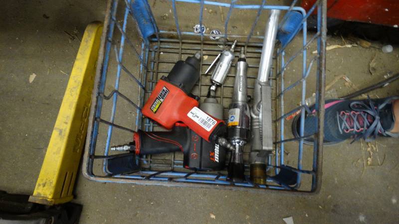 lot 1876 image: 2- Air impact wrenches, air ratchets, air dye grinder with metal crate.