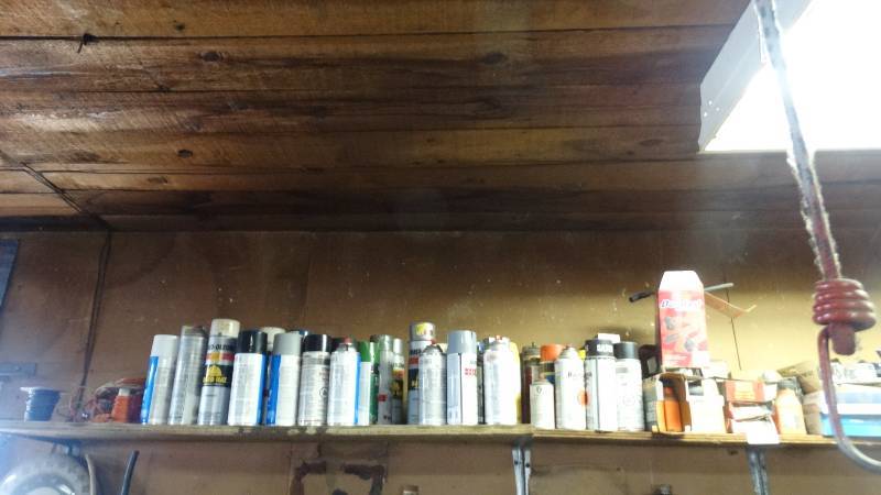 lot 1877 image: Contents of top shelf, wiring, spray paint, Spark plug wires, brake pads, etc.