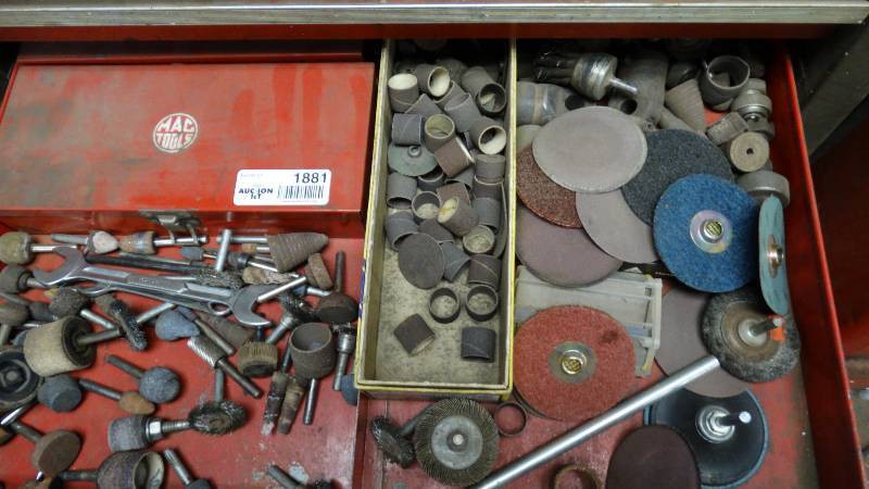 lot 1881 image: Drawer full of dye grinder bits and sanding disks.