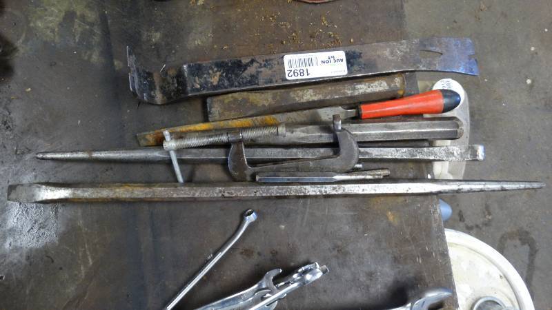 lot 1892 image: Metal file, pry bars, C-clamp and punches.