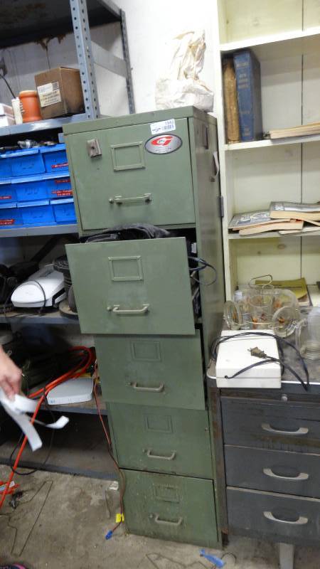 lot 1942 image: Metal file cabinet with contents. CB radios  other electronics