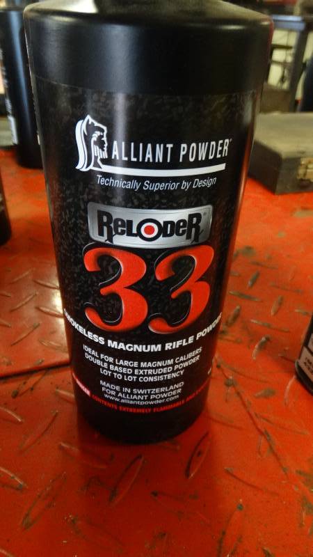 lot 5003 image: Partial, Reloder 33 smokeless magnum rifle powder.