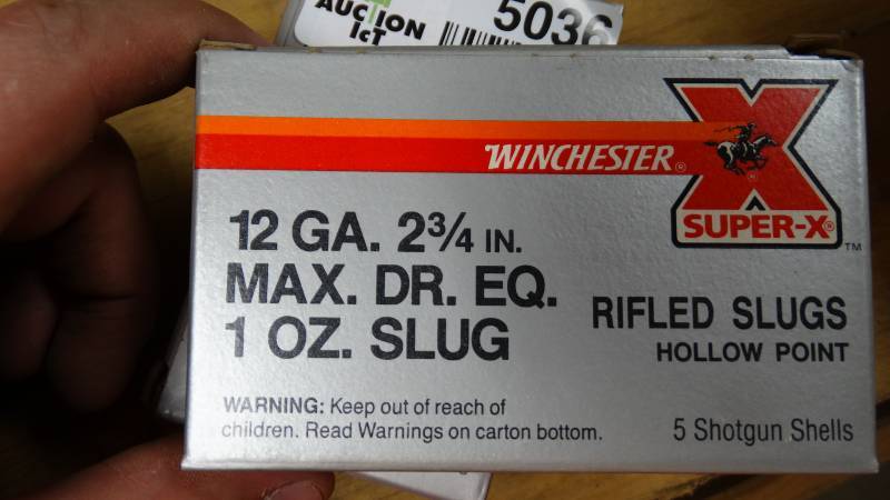lot 5036 image: 5- boxes of Winchester 12 gauge 2 34in. max. DR. EQ. 1oz. slug.