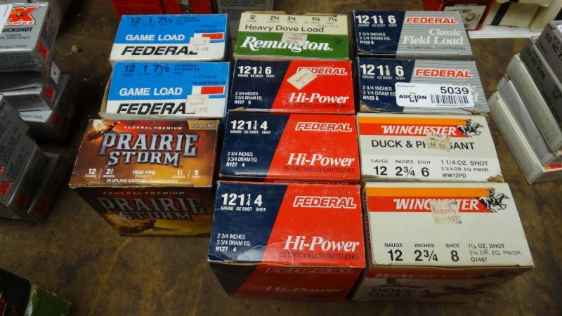 lot 5039 image: 11- boxes of various shot gun shells.