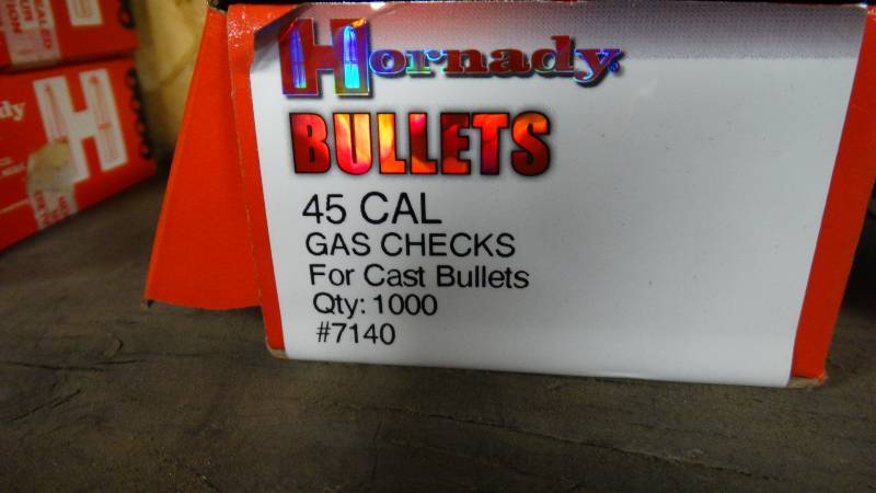 lot 5074 image: 1- box of 45 cal bullet tips 1 box 45 cal gas checks