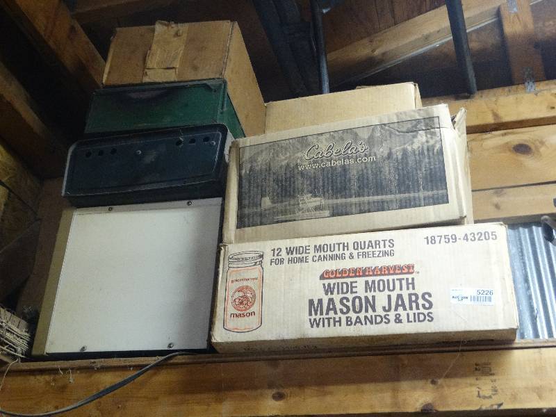 lot 5226 image: 2 camp stoves, mason jars, chains, wires, and pipes.
