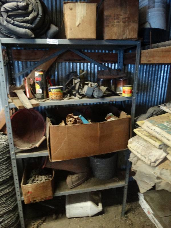 lot 5249 image: Metal shelf with chains, buckets, stain and misc.
