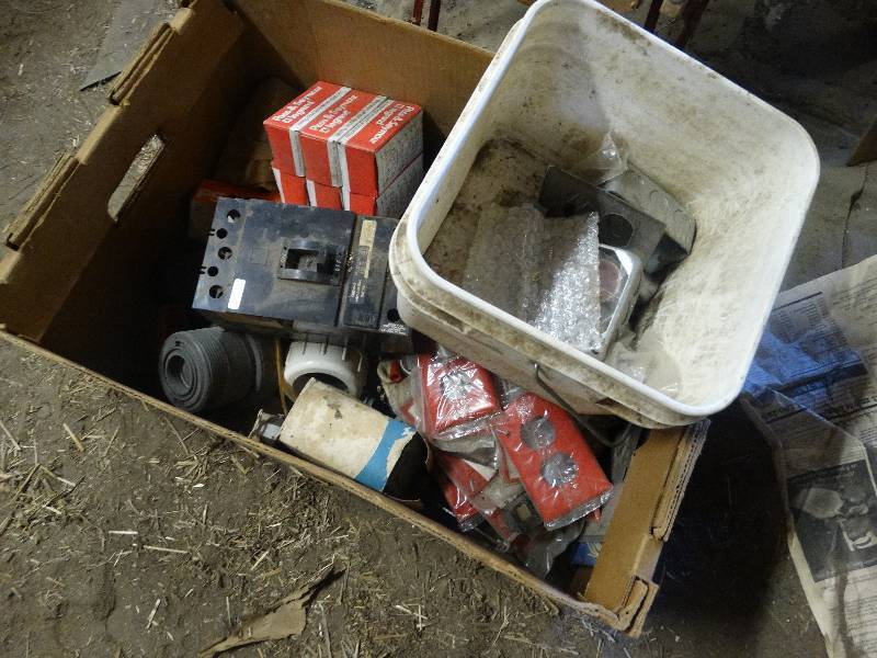 lot 5261 image: Box of electrical equipment and hardware.