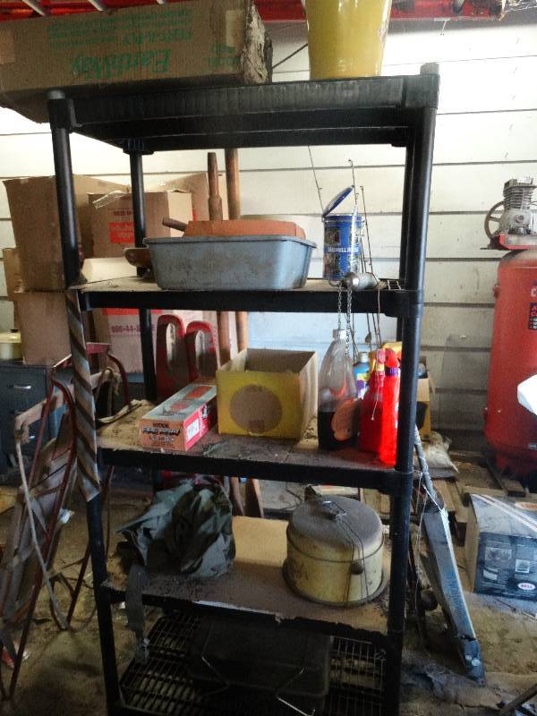 lot 5273 image: Plastic shelving unit, camp grill, fire extinguisher,  chemicals and other misc.
