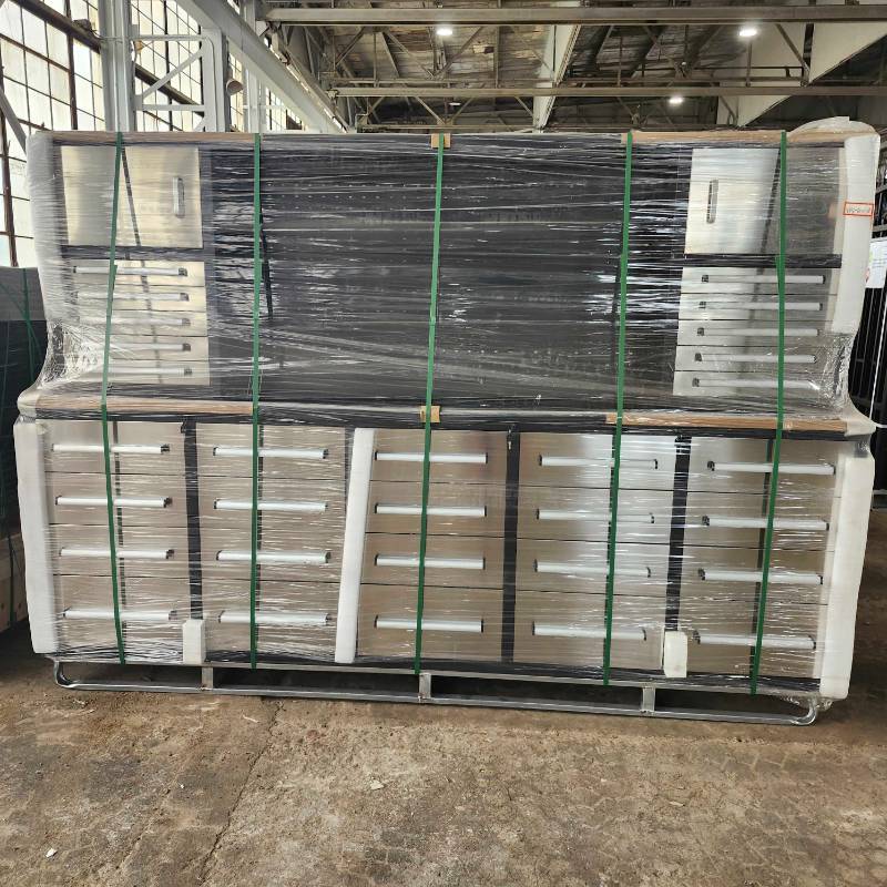 lot 1138 image: Unused 2024 Steelman 9.5FT-30DB 2 Cabinet Stainless Steel Work Bench with 30 Drawers.