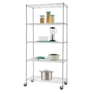 lot 36025 image: TRINITY - BASICS EcoStorage 5-Tier  36x18x72  Wire Shelving  NSF  w Wheels  - Chrome - Retail $336.86