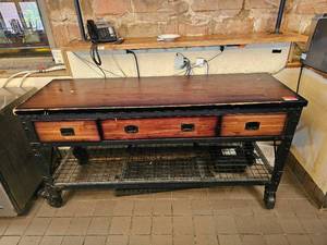 lot 7509 image: Industrial Rolling Console Table with Storage Drawers&nbsp
