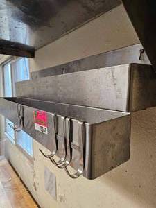 lot 7547 image: Stainless Steel Wall-Mounted Storage Shelf with Hooks - 32