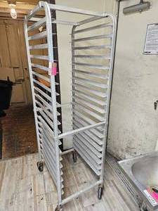 lot 7551 image: Commercial Aluminum Sheet Pan Rack with Casters