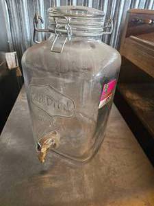 lot 7572 image: Glass Cold Drink Dispenser with Spigot and Clamp Lid