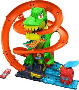 lot 1900 image: Hot Wheels Toy Car Track Set, City T-Rex Blaze Battle Playset & 164 Scale Die-Cast Vehicle, 18�� Tall, Multiple Race Outcomes, Spinning Dinosaur Eyes