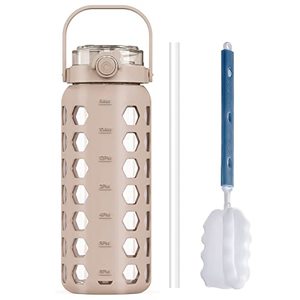 lot 1914 image: MUKOKO 56oz Glass Water Bottles with Straw and Lid,Motivational Water Jug with Time Marker Reminder and Silicone Sleeve,100% Leakproof BPA Free Fitness Sports Large Bottle-Amber
