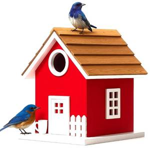 lot 1921 image: Vinyl Water Proof Bird House for Outside, Shingle Roof Bluebird House Nesting Box, Squirrel Proof Hanging Birdhouse, 5 Years Weatherable for Outdoor Decoration,Bird Box for Pole (Red)