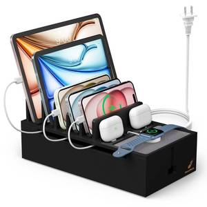 lot 1923 image: Pezin & Hulin Multi Charger Station Dock, 5-Port USB Charger with 5 Cables, Cable Management Box, Cord Organizer for Desk, Wire Organizers and Storage for Cords and Power Strip - Black