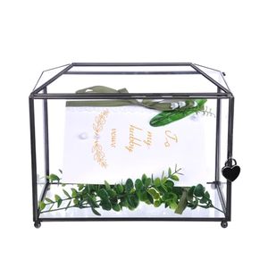 lot 1929 image: Bellaware Glass Wedding Card Box with Slot for Reception, Clear Large Wedding Gift Box with Lock, Handmade Wedding Memory Box Geometric D�cor (10.2x5.9x7.9 inch - Black)