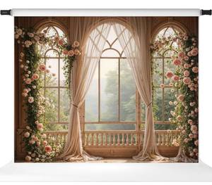 lot 1934 image: Kate Flower Wall Backdrops for Photography Arch Photo Background Window Curtain Wedding Photo Prop, 10x8ft - Retail $98.71