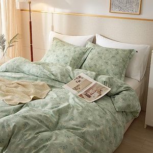 lot 2146 image: HighBuy 3 Pieces Duvet Cover Queen Size Green Duvet Cover with Floral Print,Soft Cotton Comforter Cover Boho Style,Aesthetic Queen Bedding Set with Zipper Closure 4 Ties,All Season