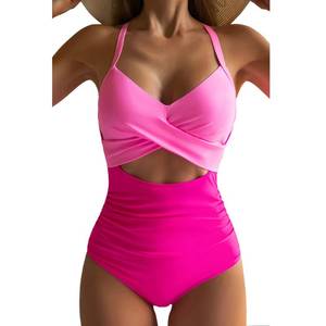 lot 2419 image: Eomenie Womens One Piece Swimsuits Tummy Control Cutout High Waisted Bathing Suit Wrap Tie Back 1 Piece Swimsuit Pink Color Block L