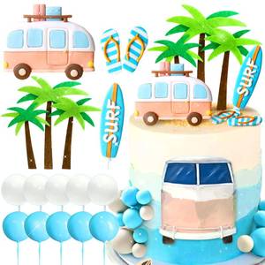 lot 2449 image: JeVenis Beach Surf Wave Cake Topper - Surfboard, Swimming, Slippers, Lifebuoy, Surf Birthday Party Decoration