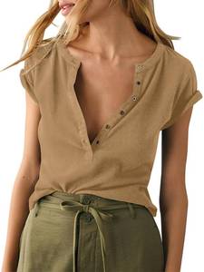 lot 2450 image: Tankaneo Women Deep V Neck Low Cut To theps Casual Ribbed Knit Henley T-Shirts Summer Short Sleeve Tees Khaki
