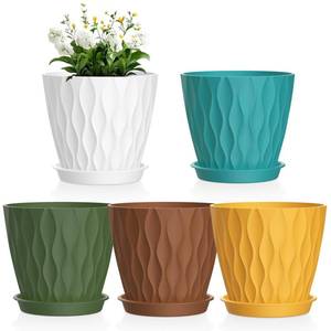 lot 2462 image: Meowell 4 inch Small Plastic Nursery Pots, Seedling Pots, 5 Set Water Ripples Plant Pots for Indoor Plants, Flower Pots with Drainage Holes and Saucers, Seed Starter Pots for Succulent, Colorful