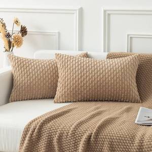 lot 2488 image: Kevin Textile Pack of 2 Corduroy Decorative Throw Pillow Covers 12x20 Inch Soft Boho Striped Pillow Covers Modern Farmhouse Home Decor for Autumn Sofa Living Room Couch Bed Tan