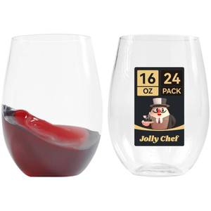 lot 5302 image: JOLLY CHEF 24 Pack 16 Oz Plastic Wine Glasses. Stemless Plastic Wine Cups