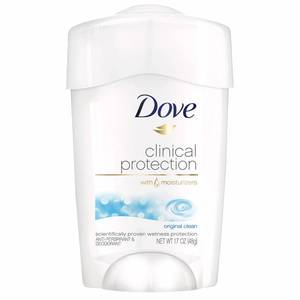 lot 10377 image: Dove Clinical Protection Antiperspirant Deodorant For Sweat and Odor Protection Original Clean Antiperspirant For Women Made With 14 Moisturizers 1.7 oz