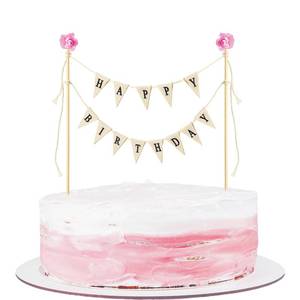 lot 10378 image: Happy Birthday Bunting Banner Cake Decorations Garland Toppers Sign for Cake Decoration and Bouquet With Wood Pole Pink Flower