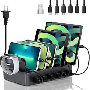 lot 10395 image: Honcila Charging Station for Multiple Devices, 6 in 1 Charger Station Multiple Charging Station for Cellphone Tablet iPhone iPad and More-50W Charging Dock with Mixed Charging Cables